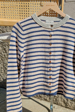 Small STRIPED PATTERN BUTTON FRONT CARDIGAN: SKY BLUE/OAT/GREY