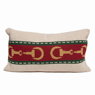 Equestrian Horse Bit Stripe Pillow: Flax/Hunter/Pom/Straw