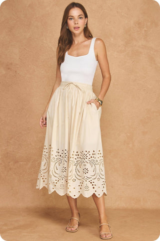 Eyelet Embroidery Detail Waist Tie Midi Skirt: Ecru / L