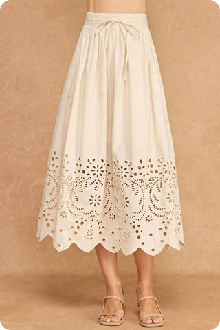 Eyelet Embroidery Detail Waist Tie Midi Skirt: Ecru / L