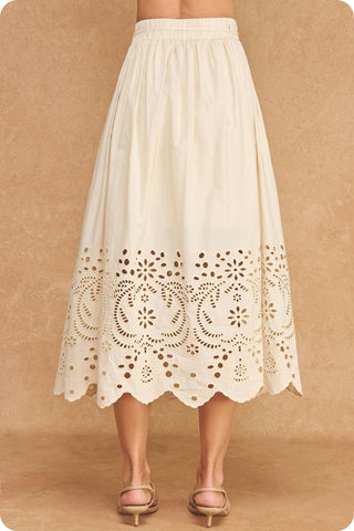 Eyelet Embroidery Detail Waist Tie Midi Skirt: Ecru / S