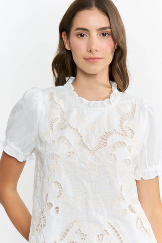 Embroidered Short Sleeve Blouse: OFF WHITE