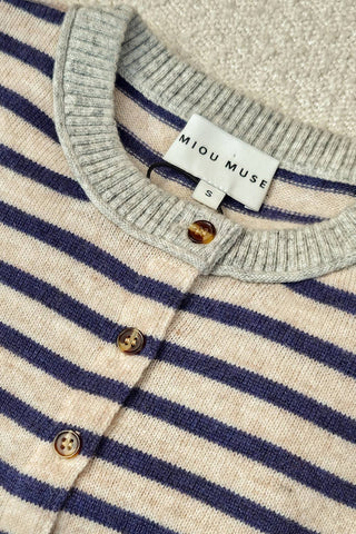 Large STRIPED PATTERN BUTTON FRONT CARDIGAN: SKY BLUE/OAT/GREY