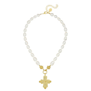 Gold Cross On Freshwater Pearl Necklace