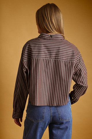 Small STRIPED BUTTON FRONT CROP SHIRTS: BROWN