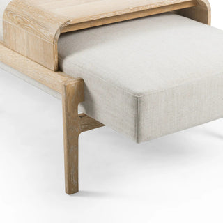 Close-up shot of the Fawkes Bench’s neutral poly/linen-blend fabric, showcasing its soft texture.