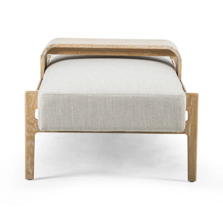 Side view of the Fawkes Bench, highlighting its sturdy white-washed oak frame and mid-century silhouette.