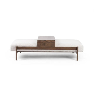 Front view of a solid beechwood rectangle ottoman with plush white upholstery and a wooden center table.