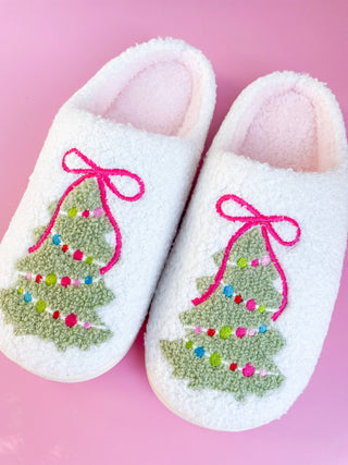 Pink Bow Christmas Tree Slippers: Medium