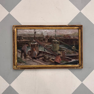 Antique "Fishing Boats" by J.H. Laing | Early 1900s British Oil Painting