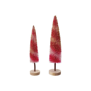 Flocked Plastic Striped Bottle Brush Trees with Gold Glitter,