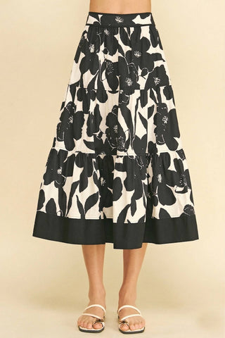 FLORAL TIERED MIDI SKIRT - 7235S: NAVY / L