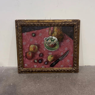 French Antique Still Life with Fruit and Flowers, Oil on Canvas