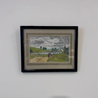 Antique French Countryside Watercolor Landscape