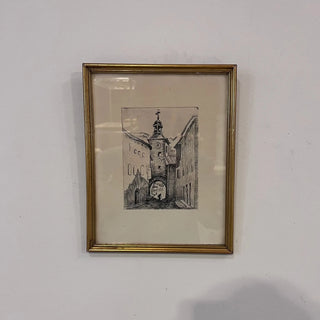 Antique French Ink Drawing of Village Gate