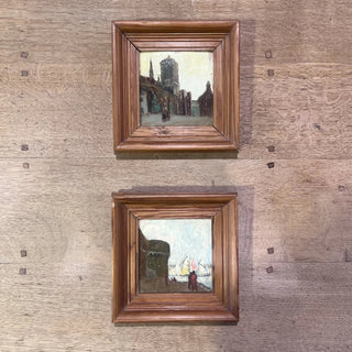 French Pair of Oil Paintings in Wood Frames
