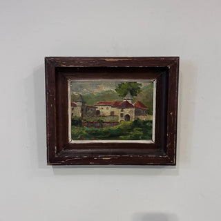 French Village Oil Painting in Rustic Wood Frame