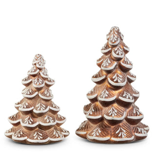 Two ceramic Christmas trees with LED lights on a white background