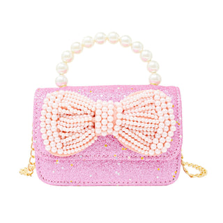 Glitter Pearl Handle Bow Handbag: Silver