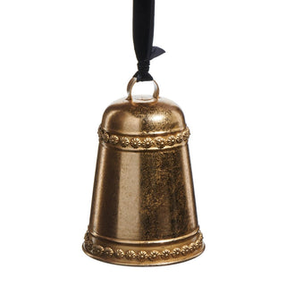 Decorative gold bell with a black ribbon on a white background