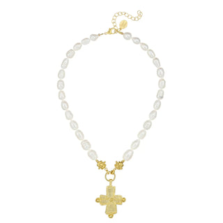 Gold Cross On Freshwater Pearl Necklace