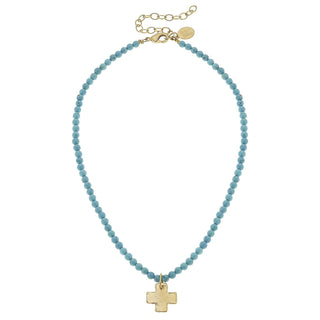 Gold Cross on Turquoise Beaded Necklace