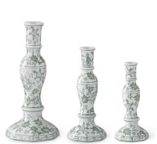 Green & White Floral Ceramic Taper Candleholder