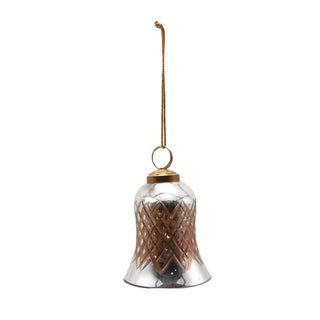 Clear glass bell-shaped lantern with woven design and gold accents on a white background
