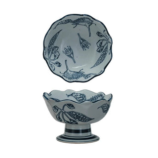 Hand - Stamped Stoneware Footed Bowl w/ Botanicals