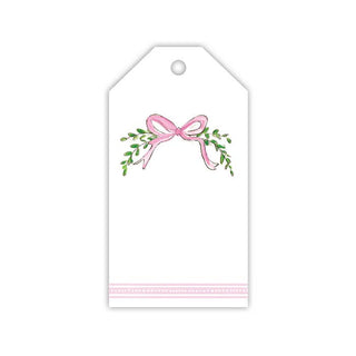 Handpainted Pink Ribbon and Bows with Greenery Gift Tag