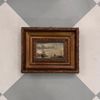 Late 1800s French Harbor Miniature in Carved Frame