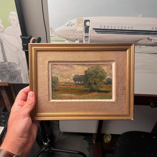Late 1800s French Miniature Landscape Oil Painting – Gilt & Linen Frame