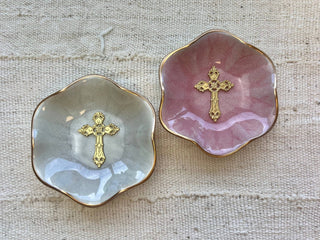 Lotus Flower Cross Jewelry Dish: Ivory