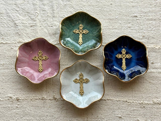 Lotus Flower Cross Jewelry Dish: Ivory