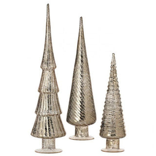Three silver metallic cone-shaped decorations on a white background