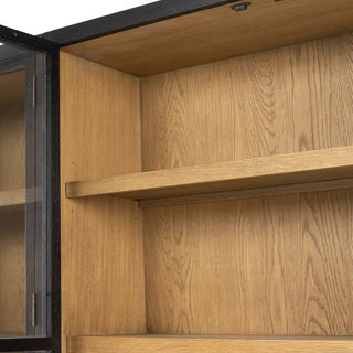 Close-up of the natural wood interior shelving, emphasizing the rich oak grain details.