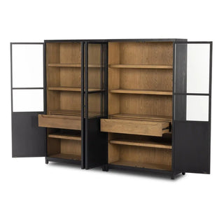 Open view of the wide oak cabinet, revealing spacious wooden shelves and lower storage compartments.