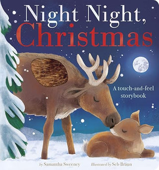 Book cover of 'Night Night, Christmas' with a touch-and-feel storybook design featuring a moose and deer in a snowy landscape.