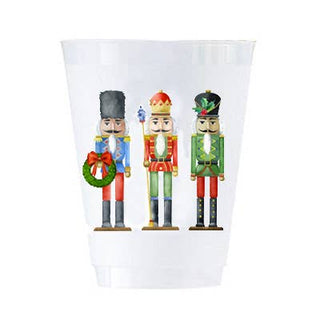 Clear plastic cups with nutcracker design on a white background