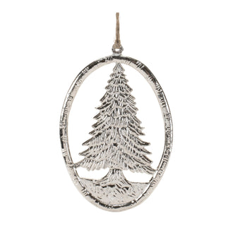 Decorative silver tree ornament on a white background
