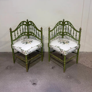 Pair of Green French Corner Chairs in Schumacher Loudon Rose
