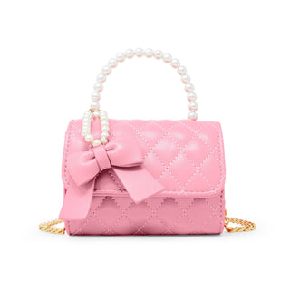 Quilted Pearl Handle Bow Ribbon Handbag: Pink