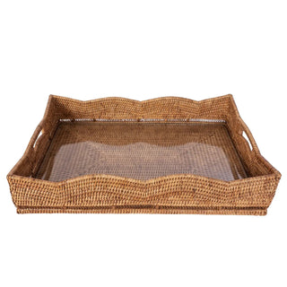 Rattan Scallop Rectangular Tray w/ Glass Insert