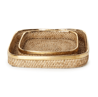 Rectangle Hand Woven Rattan Tray w/ Brass Rim Accent