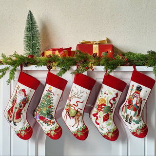 Decorative Christmas stockings hanging on a mantel with festive decorations.