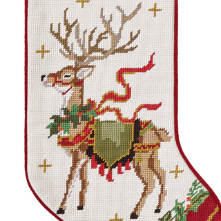 Cross-stitched design of two reindeer with a green bag on a white background