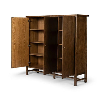 Interior view of a 3-door oak and veneer cabinet in a toasted finish, with open doors showing ample storage space.