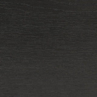 Close-up of the ebony oak veneer texture on a black media console, displaying its fine wood grain and premium finish.