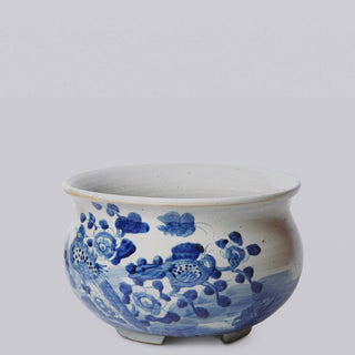 Rustic Bird & Flower B&W Porcelain Bulbous Cachepot