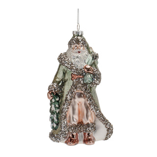 Decorative glass ornament of a bearded man in a long coat with a wreath, on a white background